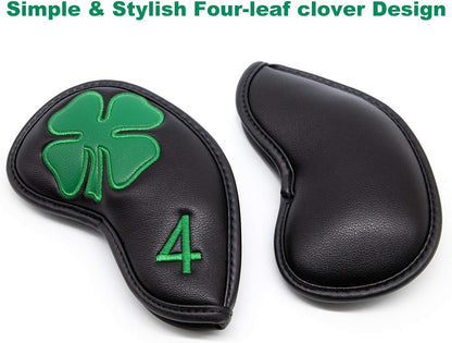 Golf Iron Covers Golf Iron Head Covers Leather Golf Iron Covers for Golf Clubs 10Pcs Golf Iron Headcovers Lucky Clover Golf Club Head Covers for Iron with Magic Tape Fit All Brands