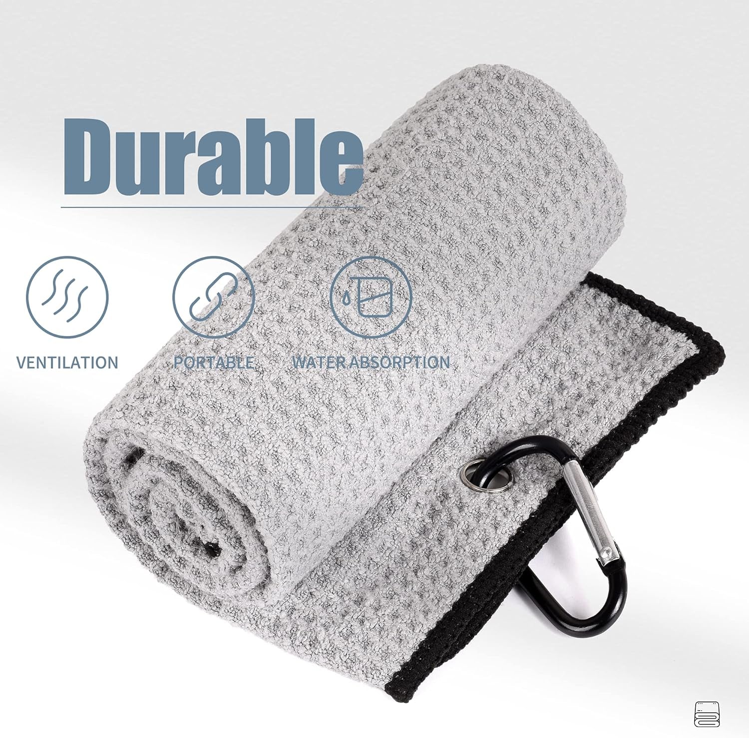 Microfiber Golf Towel, 16" X 24", Waffle Pattern Design with Carabiner Clip, Super Absorbent, Tri-Fold Large Golf Ball Towels, Golf Bag Accessories for Men and Women, Golf Gift（Gray）