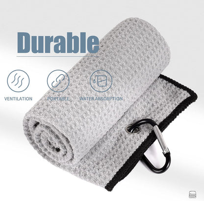 Microfiber Golf Towel, 16" X 24", Waffle Pattern Design with Carabiner Clip, Super Absorbent, Tri-Fold Large Golf Ball Towels, Golf Bag Accessories for Men and Women, Golf Gift（Gray）