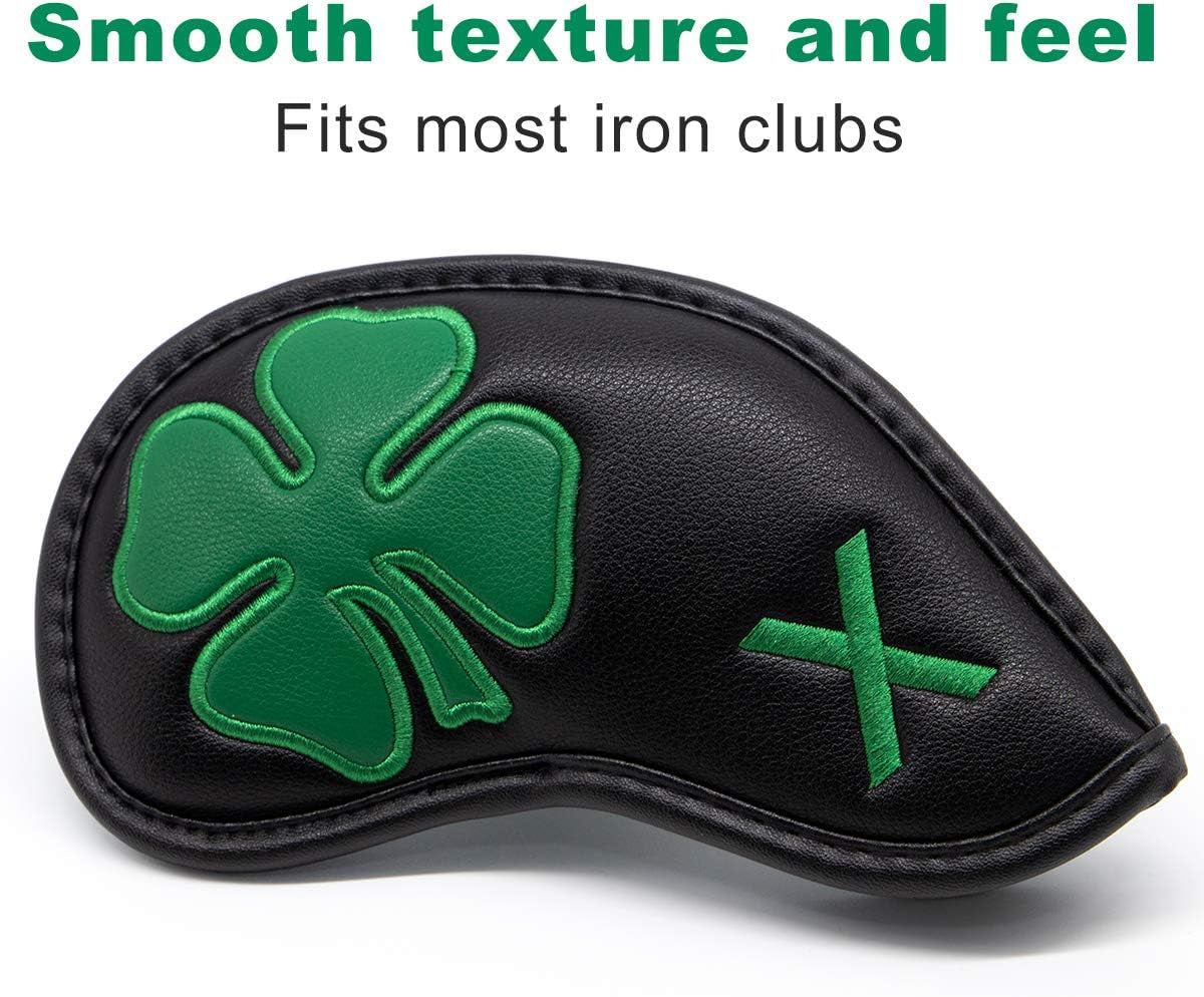 Golf Iron Covers Golf Iron Head Covers Leather Golf Iron Covers for Golf Clubs 10Pcs Golf Iron Headcovers Lucky Clover Golf Club Head Covers for Iron with Magic Tape Fit All Brands