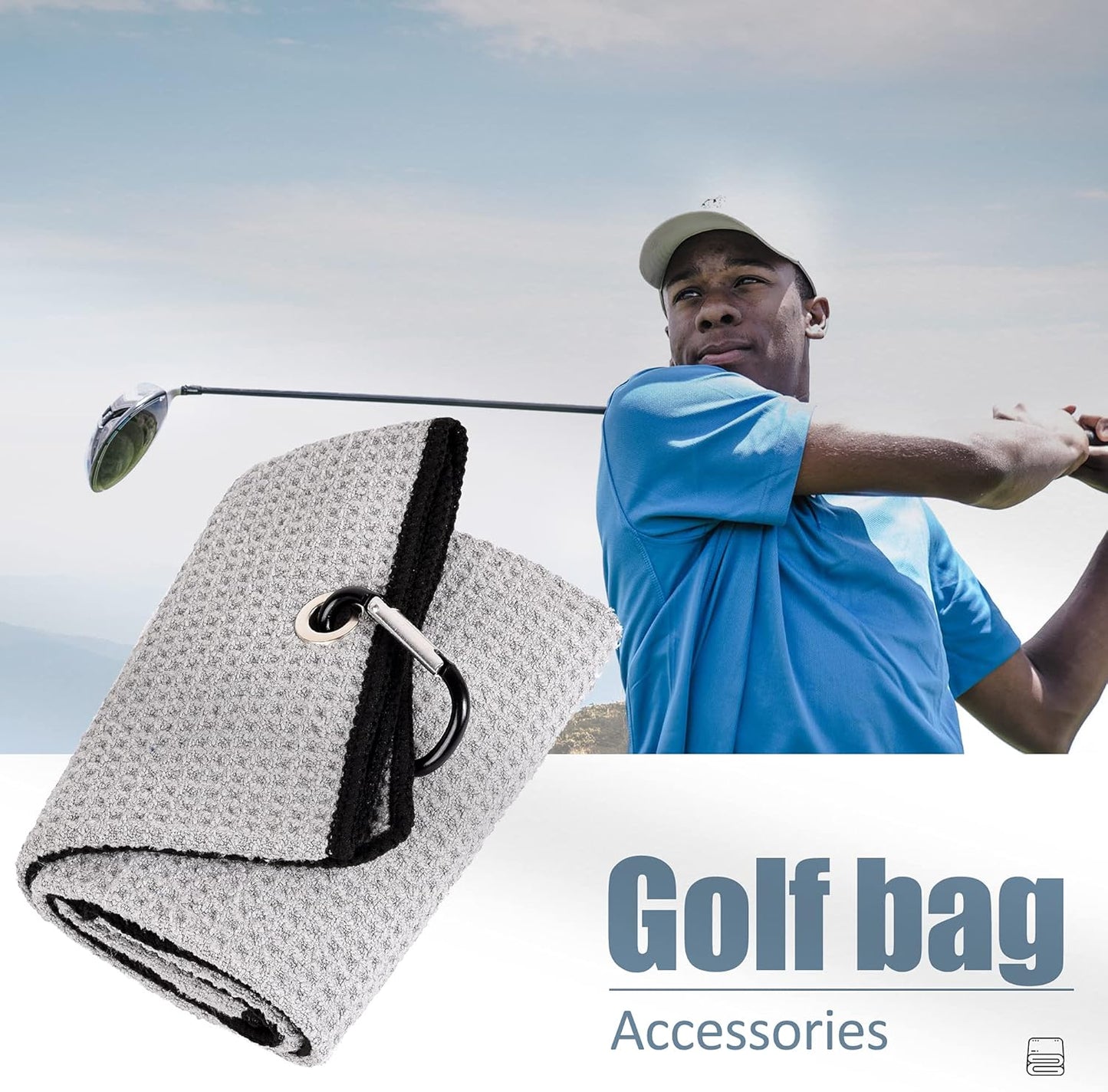 Microfiber Golf Towel, 16" X 24", Waffle Pattern Design with Carabiner Clip, Super Absorbent, Tri-Fold Large Golf Ball Towels, Golf Bag Accessories for Men and Women, Golf Gift（Gray）