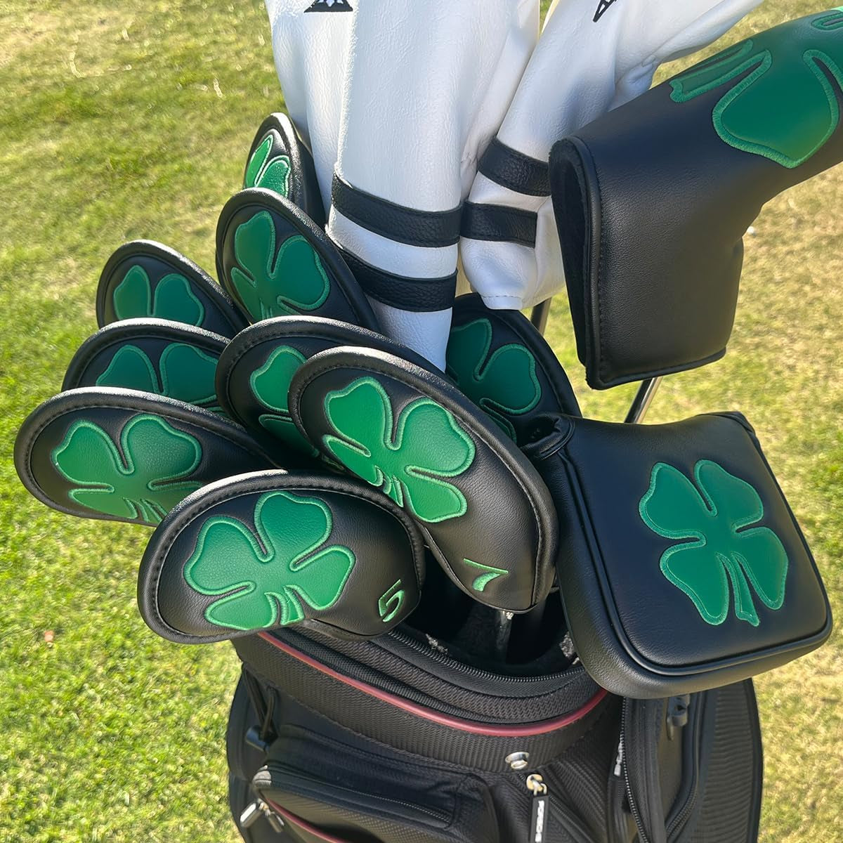 Golf Iron Covers Golf Iron Head Covers Leather Golf Iron Covers for Golf Clubs 10Pcs Golf Iron Headcovers Lucky Clover Golf Club Head Covers for Iron with Magic Tape Fit All Brands