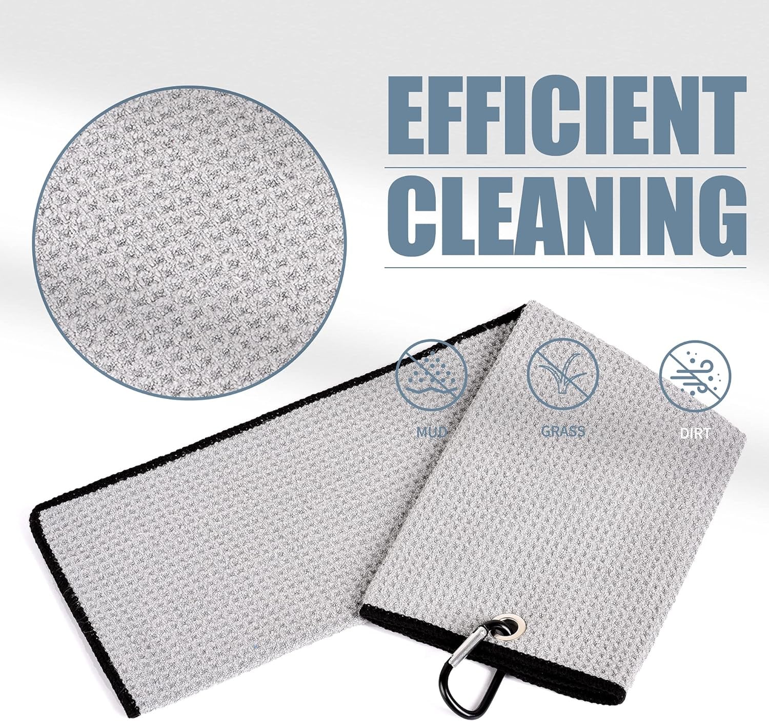 Microfiber Golf Towel, 16" X 24", Waffle Pattern Design with Carabiner Clip, Super Absorbent, Tri-Fold Large Golf Ball Towels, Golf Bag Accessories for Men and Women, Golf Gift（Gray）