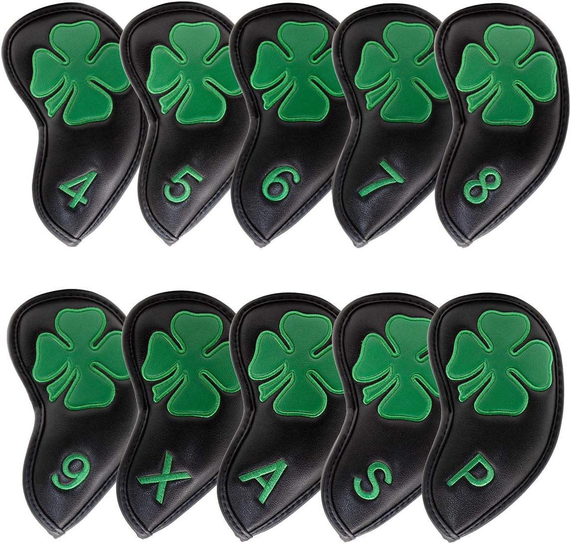 Golf Iron Covers Golf Iron Head Covers Leather Golf Iron Covers for Golf Clubs 10Pcs Golf Iron Headcovers Lucky Clover Golf Club Head Covers for Iron with Magic Tape Fit All Brands