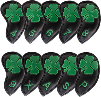 Golf Iron Covers Golf Iron Head Covers Leather Golf Iron Covers for Golf Clubs 10Pcs Golf Iron Headcovers Lucky Clover Golf Club Head Covers for Iron with Magic Tape Fit All Brands