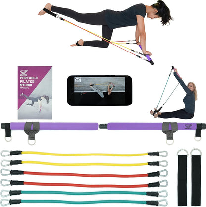 ® Pilates Bar Kit & Video,Portable Home Gym, 6 to 12 Resistance Bands or with Waist Trainer,Reformer,Workout Equipment,Exercise Squat,Body Fitness Stick,Yoga Toning Abs Arms & Legs,Booklet