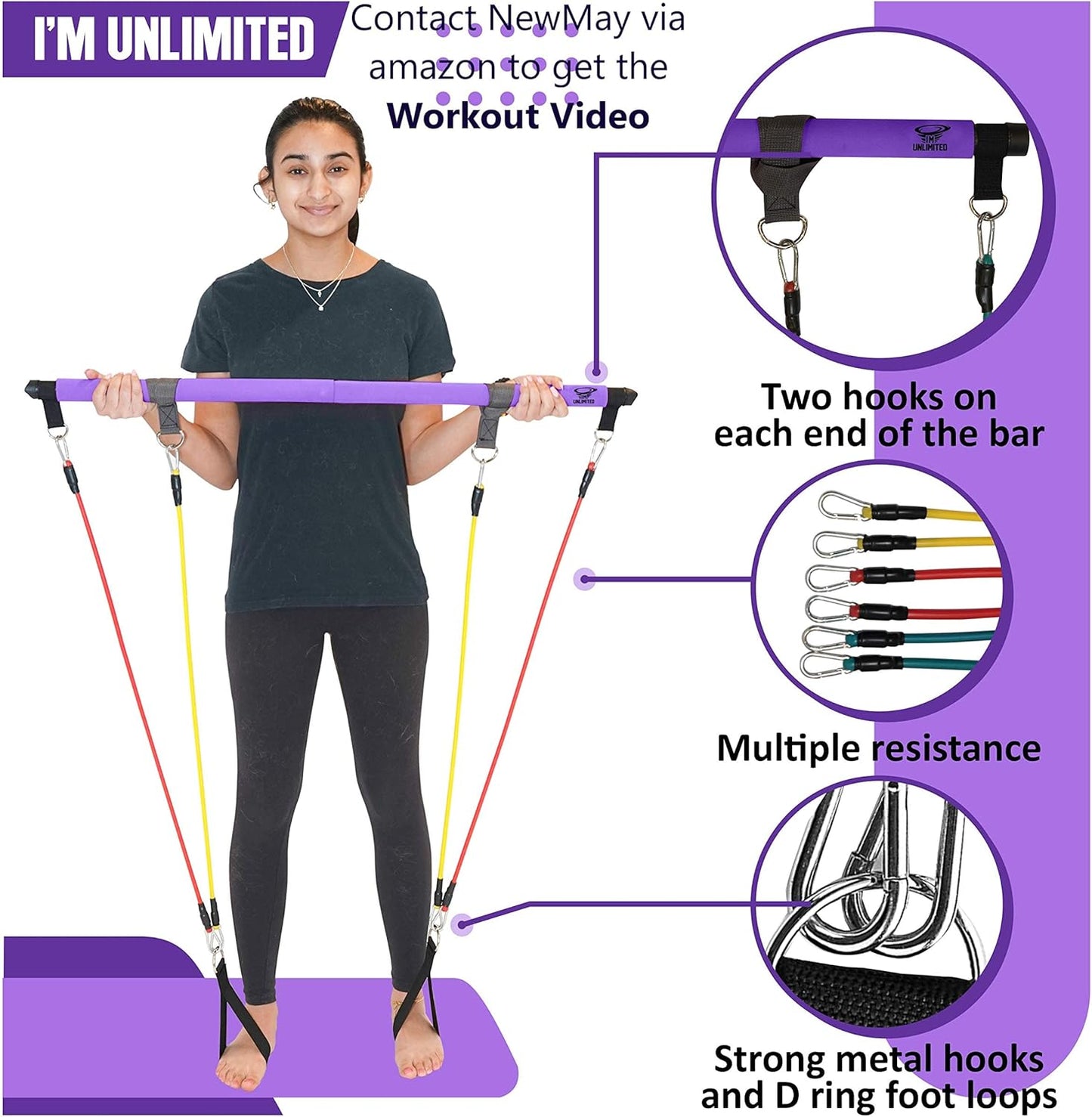 ® Pilates Bar Kit & Video,Portable Home Gym, 6 to 12 Resistance Bands or with Waist Trainer,Reformer,Workout Equipment,Exercise Squat,Body Fitness Stick,Yoga Toning Abs Arms & Legs,Booklet