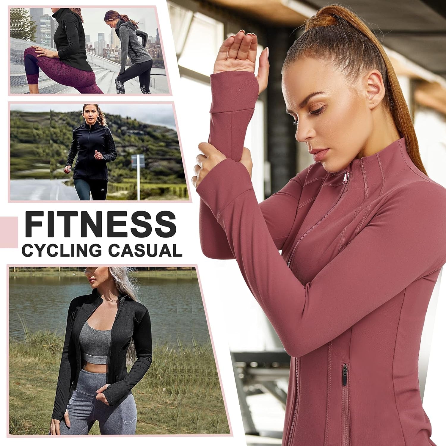 Women'S Sports Jacket Full Zip Workout Running Jacket Slim Fit Long Sleeve Yoga Track Jacket with Thumb Holes (Pink, Medium, M)