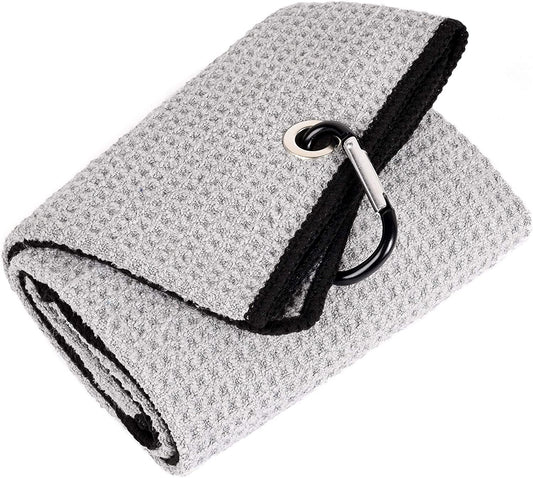Microfiber Golf Towel, 16" X 24", Waffle Pattern Design with Carabiner Clip, Super Absorbent, Tri-Fold Large Golf Ball Towels, Golf Bag Accessories for Men and Women, Golf Gift（Gray）