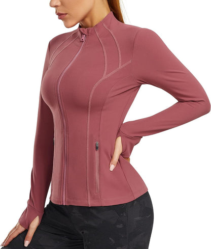 Women'S Sports Jacket Full Zip Workout Running Jacket Slim Fit Long Sleeve Yoga Track Jacket with Thumb Holes (Pink, Medium, M)